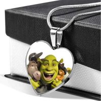 Cartoon Shrek Heart Necklace for Women Jewelry Glass Dome Cabochon Heart Pendant Stainless Steel Necklace Family Christmas Gift