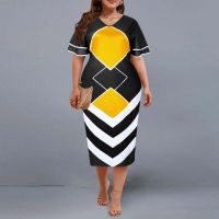 Plus Size Dress Elegant Geometric Print Evening Party Dress 2021 Autumn Women Flare Short Sleeve Yellow Casual Dress 3XL 4XL 5XL