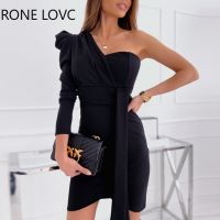 Women Solid Elegant One Shoulder Long Puff SleevesSexy Formal Party Black Dresses