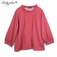 Lady Plus เสื้อลายริ้วคอระบาย | Striped Ruffle Blouse สีแดง เสื้อทำงาน เสื้อแขนยาว