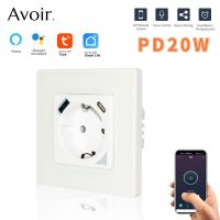 Avoir White Tuya WiFi Smart Wall Socket EU Outlet Usb Type C Fast Charging Port APP Remote Control Work With Alexa Google Home Ratchets Sockets