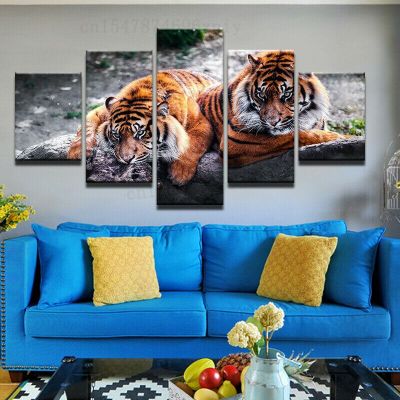 Wildlife Tigers ภาพพิมพ์ผ้าใบคู่-HD 5แผง Wall Art Decor สำหรับบ้าน-ภาพวาดสัตว์เสือที่สวยงาม-ไม่รวมกรอบ