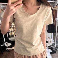 COD dsdgfhgfsdsss Genuine Shoulder Short-Sleeved u-Neck t-Shirt Womens Summer 2023 New Style Pure Cotton Slim-Fit Low Round Neck Basic Hot -