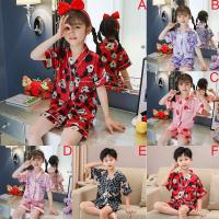 Korean Fashion Kids Baby Girls Boys Silk Stain Pyjamas Set Children Cartoon Print Sleepwear Short Sleeve Pajamas Set Girl Sweet Sleepsuit