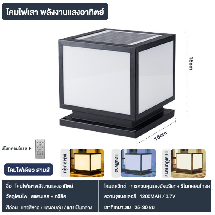 โคมไฟหัวเสา-ไฟโซล่าเซลล์-โคมหัวเสาโซล่าเซลล์-ไฟสวนโซล่าเซลล์-โคมไฟทรงเหลี่ยม-โซล่าเซลล์-ปรับได้-3-แสง-การควบคุมแสงอัจฉริย