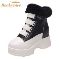 Winter Warm Plush Women Ankle Boots High Top Wedges Chunky Boots Fur Platform Leather White Sneakers Cotton Snow Boots For Woman