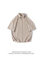 Retro Japanese vertical striped short-sleeved shirt mens summer loose bf style casual literary niche shirt 【BYUE】