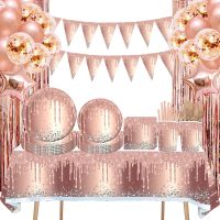 【JIU YU】✼❅◇  Conjunto de utensílios descartáveis para crianças ouro rosa diamante Glitter prato de papel copo casamento decoração de aniversário balões material para festa