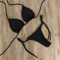 hotx 【cw】 2023 New Side Tie Womens Color Swimsuit Bandage Swimwear Ultra Thin Elastic Thong Set