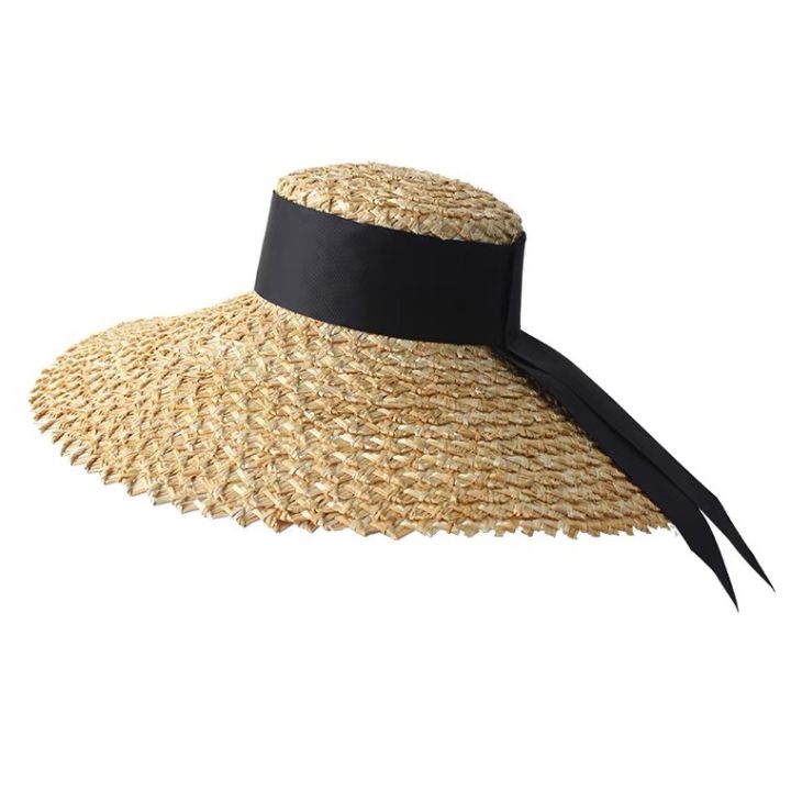 หมวกสาน-หมวกปีกกว้าง-หมวกสานจากต้นข้าว-หมวกพับได้-หมวกใส่กันแดด-หมวกใส่เที่ยวทะเล-ดีไซร์หรูหรา-ถักสานหนาแน่นและสวยงาม-น้ำหนักเบา