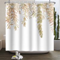 Green Leaves Shower Curtain Watercolor Plant Eucalyptus Organic Green Botanical Aesthetic Bathroom Curtain Nature Country Style