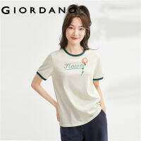 GIORDANO Women T-Shirts Flower Crochet Print Summer Tee Contrast Color Crewneck Short Sleeve Cotton Casual Tshirts 05323434