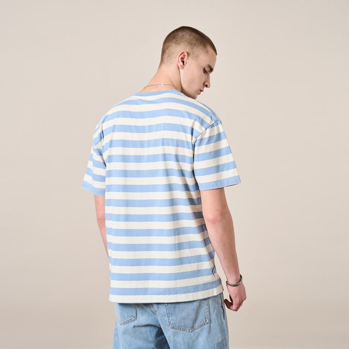 simwood-เสื้อยืดลายทางสีน้ำเงินขนาดใหญ่2023ฤดูร้อนเสื้อเบรตั้น100เสื้อยืดผ้าฝ้าย-plus-saiz-lelaki-surat-sulaman
