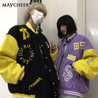 MAYCHEER ปกตั้งปิดกั้นสีตัวอักษรอเมริกาแบบย้อนยุคของผู้ชาย Jaket Baseball นักเรียนสไตล์คู่รักเสื้อแจ็คเก็ตลำลอง