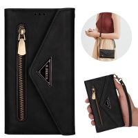 ✧℡⊕ Hanging Rope Wallet Flip Case For Samsung Galaxy S22 Ultra Plus A04 A13 A33 A53 A73 A82 5G Zipper Card Bag Fall Protection Shell Cover