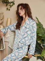 QSROCIO Autumn High Quality Womens Pajamas Set Luxury Style Geometric Print Sleepwear Silk Like Casual Homewear Nightwear Femme