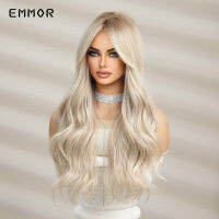 Emmor Ombre สีดำถึงสีบลอนด์อ่อนวิกผมสังเคราะห์วิกผมหยักยาวเรียบสำหรับผู้หญิงคอสเพลย์เส้นใยอุณหภูมิสูงธรรมชาติ