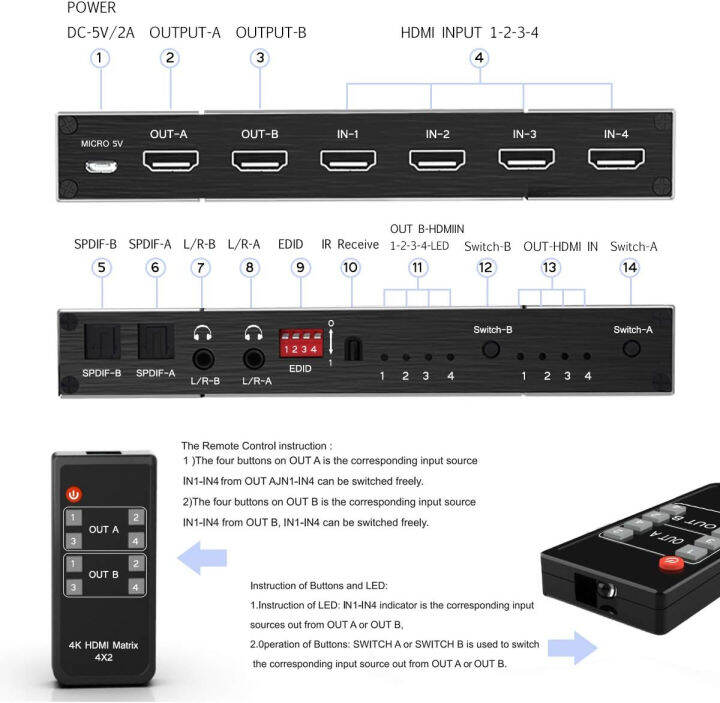 steetek-hdmi-matrix-4x2-switch-4k-60hz-4-hdmi-inputs-switch-and-split-to-2-hdmi-monitors-edid-extractor-and-ir-remote-control-support-hdmi-2-0b-hdcp-2-2-3d-with-independent-audio-outputs