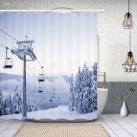 【CW】┅๑  Sport Snow Skiing Shower Curtains Cable Car on Ski Field with firs Mountains Fabric Curtain Set