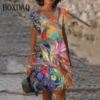 3D Peacock Floral Print Dresses For Summer 2022 New Women Fashion Short Sleeve V-Neck Loose Dress Vintage Oversized Ladies Dress