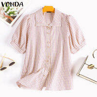 (จัดส่งฟรี)Fancystyle VONDA เสื้อเชิ๊ตสำหรับเดินทางของผู้หญิงเสื้อเชิ๊ตคอปกแขนเสื้อลายตารางพัฟเสื้อลำลองติดกระดุม #2