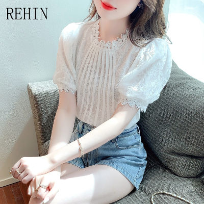 REHIN เสื้อสไตล์เกาหลีแบบใหม่แขนสั้นผู้หญิง,เสื้อคอกลมผ้าชีฟองแขนพองลูกไม้คอกลมสง่างามฤดูร้อน
