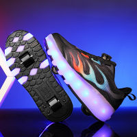 Rotary buckle childrens roller skates two wheeled explosive roller shoes charging LED shoe kids wheel shoes