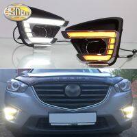 ไฟวิ่งกลางวัน LED สำหรับ CX-5 Mazda CX5 2013-2016พร้อมสัญญาณไฟเลี้ยวสีเหลือง12V กันน้ำได้ใช้ไฟ DRL ยานยนต์ไฟรถยนต์