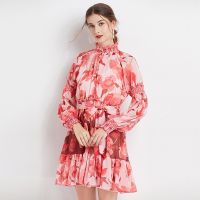 Women Dress Spot Real  Elegant Long Sleeve  Vintage Printed Midi Dress