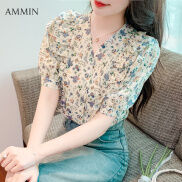 Ammin phong cách Hàn Quốc Nữ Ngắn Tay Ruffle khâu v-cổ áo choàng hoa
