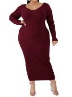 【YF】 Autumn Winter Casual Ribbed V Neck Long Sleeve Midi Dresses Women Sexy Solid Backless Bodycon Pencil Dress Plus Size 12 Colors