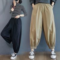 【มีไซส์ใหญ่】Plus Size L-5XL Womens Solid Color Cargo Pants Elastic Waist Casual Female Harem Trousers