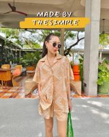 Thesimple - croissant hawaii set เซทลายไทยสีน้ำตาลอ่อน เสื้อทรงเชิ้ตโอเวอร์ไซส์ มาพร้อมกับกางเกงขาสั้น