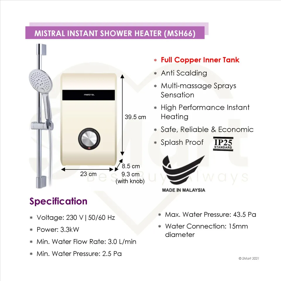 Mistral Copper Inner Tank Instant Shower Water Heater MSH66 *Installation  Available* | Lazada Singapore