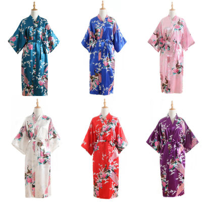 15สีผู้หญิงสไตล์ญี่ปุ่น Kimono Yukata ชุดนอนนกยูงซาตินบางยาว Nightgown Robes แบบดั้งเดิมผู้ใหญ่หลวม Clothing