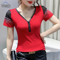 ➧YIMEI เสื้อยืดผู้หญิงมีซิปแขนสั้นมีเพชรร้อนแรงใหม่สำหรับฤดูร้อน2023เสื้อเชิ้ตตัวเล็กแฟชั่นของผู้หญิงเสื้อคอตตอนคอวีส่วนตัวฉบับภาษาเกาหลีเสื้อยืดของผู้หญิงกว่างโจว