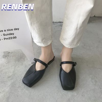 RENBEN สไตล์ใหม่กึ่งรองเท้าแตะแจ๊กเก็ตผู้หญิง Baotou retro สแควร์หัวยายรองเท้าแบนรองเท้าเดี่ยวตั้งรองเท้าแตะเท้า V725