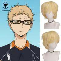 YOYO CHARMING กางเกงขาสั้นแบบสั้น Haikyuu!! วิกคอสเพลย์ สีดำสีดำ ผมสังเคราะห์ วิกผม Tsukishima Kei วิกผมฮาโลวีน ขนปุยฟู วิกผม kuroo Tetsuro สำหรับผู้ชาย