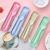 3Pcs/set Eco-friendly Cutlery Set Chopstick Spoon Fork Wheat Straw Antibacterial Durable with Storage Box for Travel Portable Flatware Sets