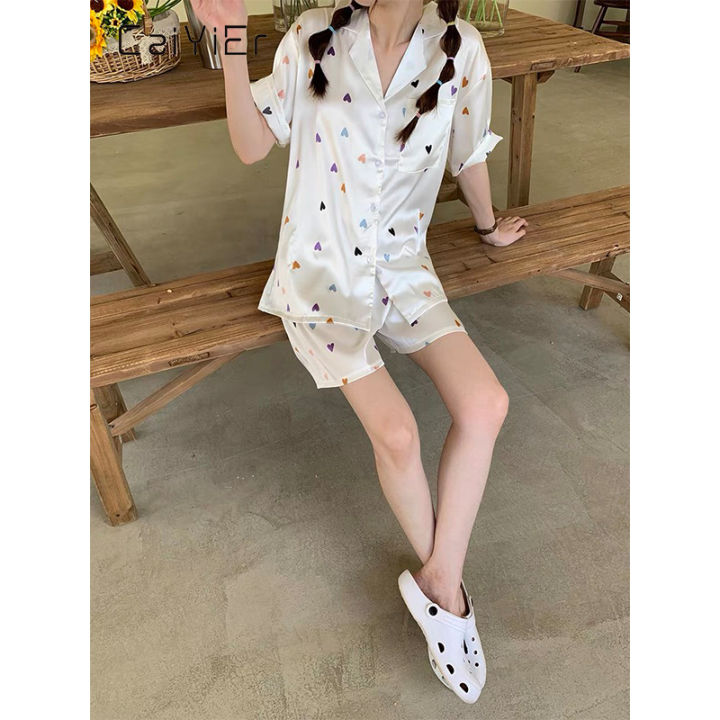 caiyier-summer-new-womens-sleepwear-silky-satin-short-sleeve-nightwear-sweet-heart-print-pajamas-for-women-korea-homewear