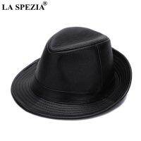 LA SPEZIA Black Fedoras Hats Men Genuine Leather Retro Jazz Caps Gentleman Real Leather Luxury Spring Classic Felt Trilby Hat