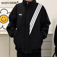 MAYCHEER   เสื้อแจ็คเก็ตอเนกประสงค์คู่ของผู้ชายคอตั้งแถบแถบแถบสามแถบใหม่ฤดูใบไม้ผลิ
