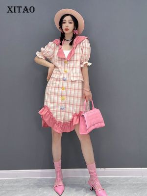 XITAO Dress Bow V-neck Irregular Hem Women  Plaid Dress