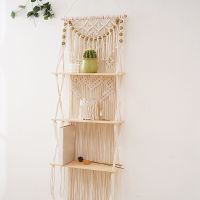 Macrame แขวนผนัง3ชั้นชั้นลอยผนังสำหรับห้องนอน,ห้องน้ำ,เนอสเซอรี่,Boho ตกแต่งผนังชั้นวางสำหรับกระถางต้นไม้