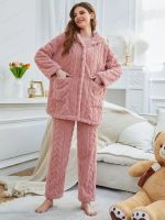 geegostudio Jacquard Plush Pajama Set, Long Sleeve Hooded Top With Pockets &amp; Elastic Waistband Pants, Womens Sleepwear &amp; Loungewear