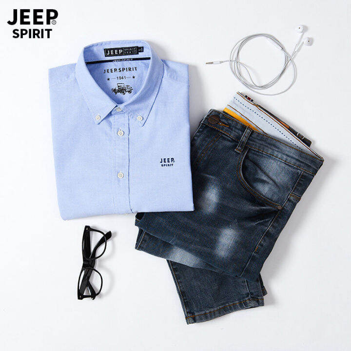 jeep-spirit-เสื้อเชิ้ตเสื้อบางแขนสั้นผู้ชาย-เสื้อเชิ้ตแขนสามส่วนผ้าคอตตอนทรงหลวมสีพื้นสำหรับฤดูร้อนของเสื้อเชิ้ตผู้ชาย9449