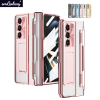 [มีปกป้องหน้าจอ] เคสเคลือบใสสำหรับ Samsung Galaxy Z Fold5 Fold4 Fold3เคสแบบมีขาตั้งได้พับ5 4 3ปลอกสีชมพู