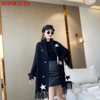 7 Color Oversize Black With White Scarf Winter Knitted Poncho Women Stars Streetwear Cape Female Batwing Sleeves Warm Shawl Coat