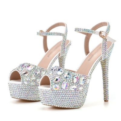 14 cm fine fish mouth high-heeled sandals with diamond wedding shoe bride shoes color diamond crystal sandals with drill