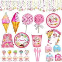 ♗ﺴ✉ Pink Lollipop Theme Party Set Tableware Paper Cups Kids Birthday Paper Plate Napkins Candy Baby Shower Party Decor Supplies